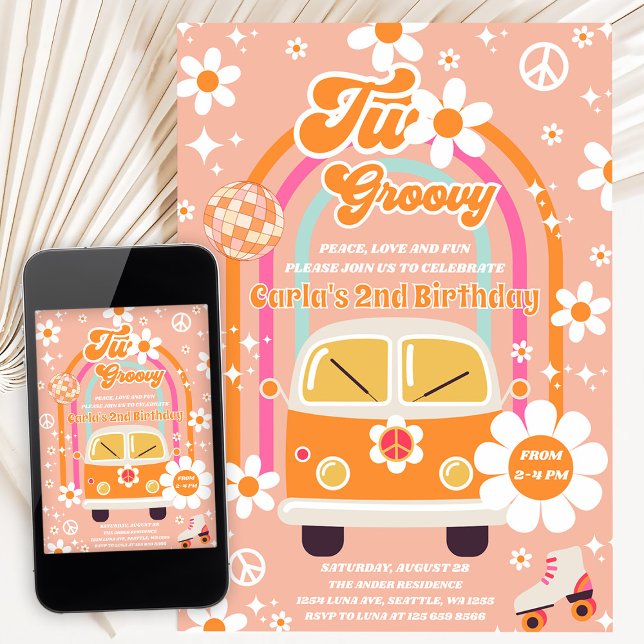 Convites Retro Hippie Daisy Arco-íris Dois Groovy 2º Aniver (Criador carregado)