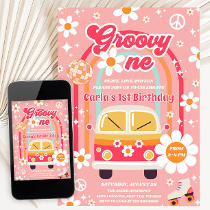 Convites Retro Hippie Daisy Arco-íris Groovy Um 1º Aniversá