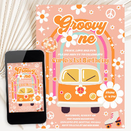 Convites Retro Hippie Daisy Arco-íris Groovy Um 1º Aniversá