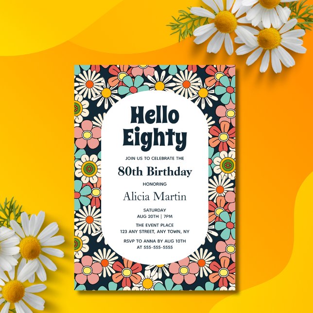 Convites Retro Hippie Groovy Flower Hello Oitocenta Anivers (Criador carregado)