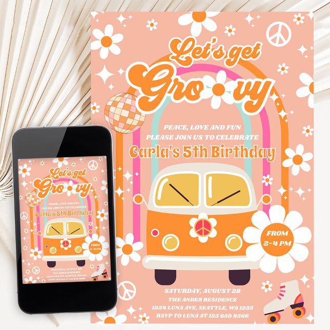 Convites Retro Hippie Rainbow Let's Get Groovy 5th Birthday (Criador carregado)