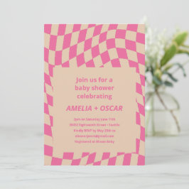 Convites Retro Hot Pink Abstract Checkerboard Baby Shower