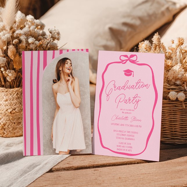 Convites Retro Hot Pink Coquette Bow photo graduation (Retro Hot Pink Coquette Bow photo graduation Invitation)
