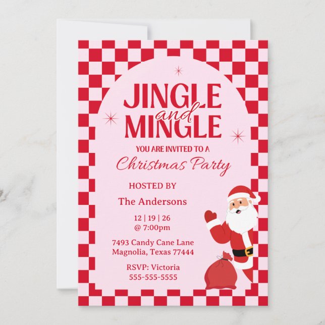 Convites Retro Jingle And Mingle Christmas Checkerboard Red (Frente)