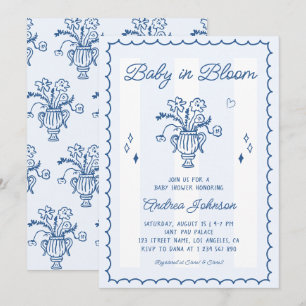 Convites Retro Listras Azuis Bebê em Floral Bebê do Sexo Ma
