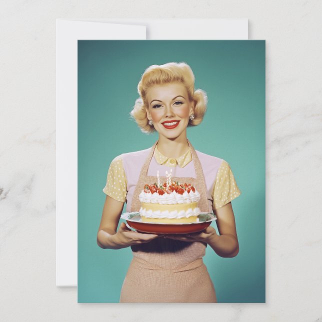 Convites Retro mãe segurando um bolo de celebração (Frente)