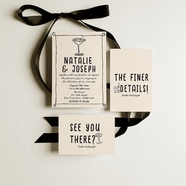 Convites Retro Mão Desenhada Cocktail Escrito Casamento Qui (Criador carregado)