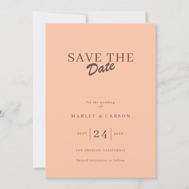 Convites Retro Minimal Coral Peach Save The Date Wedding (Frente)