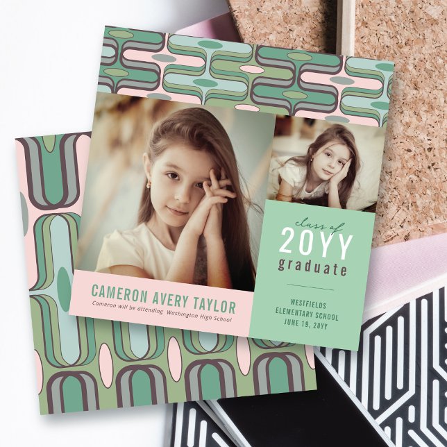 Convites Retro Mod Rosa e Verde Menta Ogee 2 Fotos Graduaçã (Retro Mod Pink & Mint Green Ogee Zig Zag, 2 Photo Graduation Invitation @ zazzle.com/color_therapy)