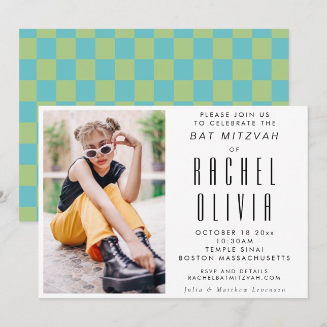 Convites Retro Modern Chic Photo Blue and Green Bat Mitzvah (Frente/Verso)