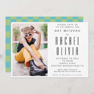 Convites Retro Modern Chic Photo Blue and Green Bat Mitzvah