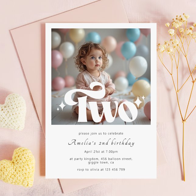 Convites Retro Modern Minimalist 2nd Birthday Photo (Criador carregado)