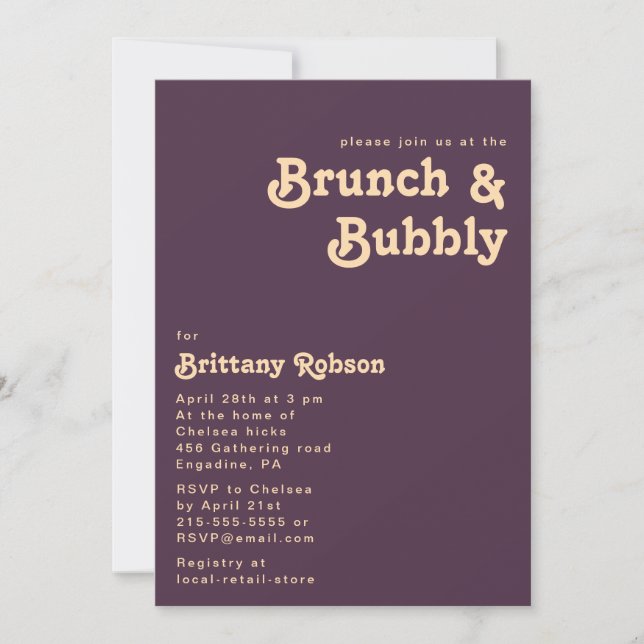 Convites Retro Moderno | Brunch roxo escuro e espumante (Frente)