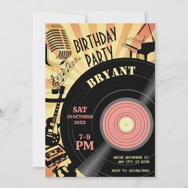 Convites Retro Music Birthday vintage (Frente)
