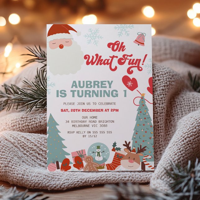 Convites Retro Natal Oh Que primeiro aniversario Divertido (Oh What Fun Christmas Birthday Invitation Template,  Retro Christmas 1st Birthday, Winter Holiday, )