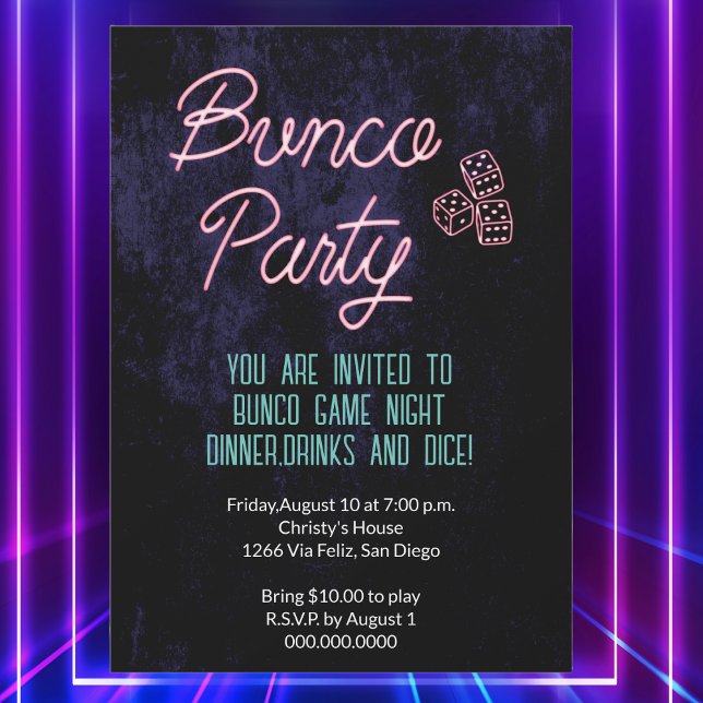 Convites Retro Neon Dice Bunco evento (Bunco Party. Invite players for a game night with this retro neon light design with dice. )