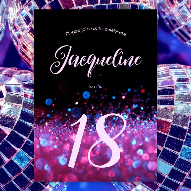 Convites Retro Neon Pink Glitter Script 18.º aniversário (Criador carregado)