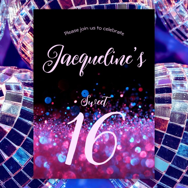 Convites Retro Neon Pink Glitter Script Sweet 16 anos (Criador carregado)