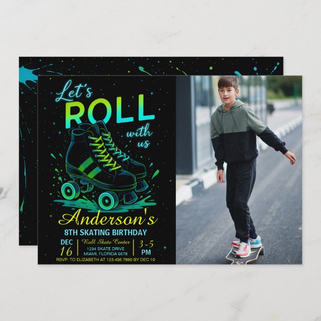 Convites Retro Neon Roller Skate Birthday Photo (Frente/Verso)