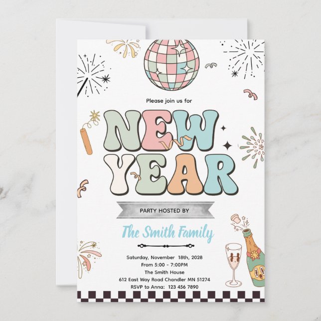 Convites Retro new year party invitation (Frente)