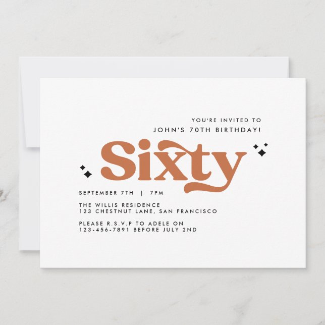 Convites Retro no mínimo branco moderno 60º aniversário (Frente)