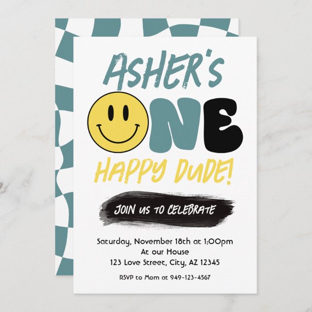 Convites Retro One Happy Duo Happy Face Primeiro Aniversári (Frente/Verso)