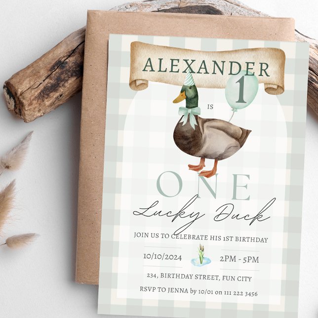 Convites Retro One Lucky Duck primeiro aniversario Gingham  (Retro One Lucky Duck 1st Birthday Green Gingham  Invitation)