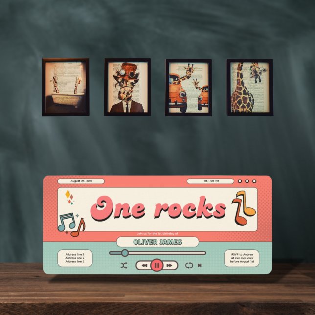 Convites Retro one rocks, reprodutor de música 1º aniversár (Criador carregado)