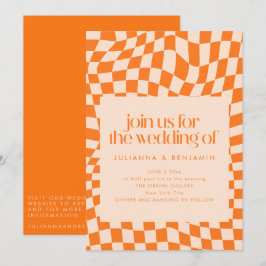 Convites Retro Orange Abstract Check Wedding QR Code RSVP