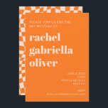 Convites Retro Orange Abstrato Checkerboard Bat Mitzvah<br><div class="desc">Concurso Mitzvah para Desktop com RSVP do Bar Laranja Retroativo incluído</div>