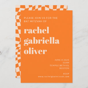 Convites Retro Orange Abstrato Checkerboard Bat Mitzvah