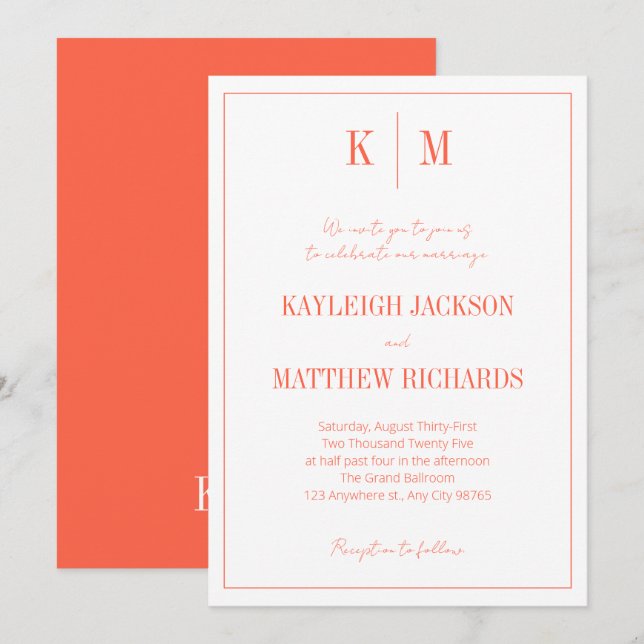 Convites Retro Orange Red Monogram Elegant Wedding  (Frente/Verso)