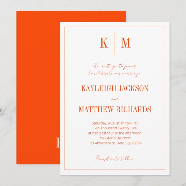 Convites Retro Orange Red Monogram Elegant Wedding  (Frente/Verso)