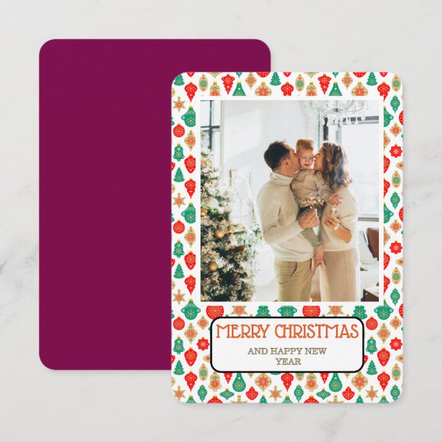 Convites Retro Ornament Pattern Merry Christmas Photo Card (Frente/Verso)