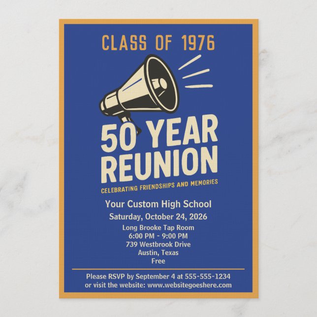 Convites Retro Pep Rally Style 50 Year Class Reunion (Frente)