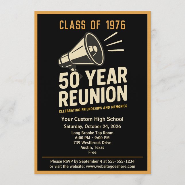 Convites Retro Pep Rally Style 50 Year Class Reunion (Frente)