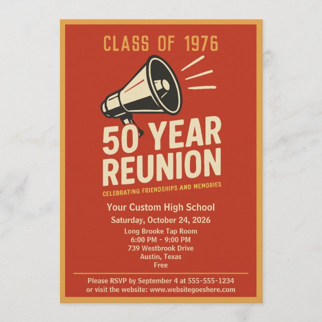 Convites Retro Pep Rally Style 50 Year Class Reunion (Frente)
