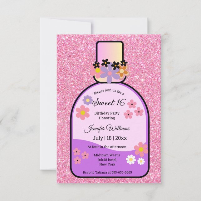 Convites retro perfume doce 16 brilhantes cor-de-rosa flora (Frente)