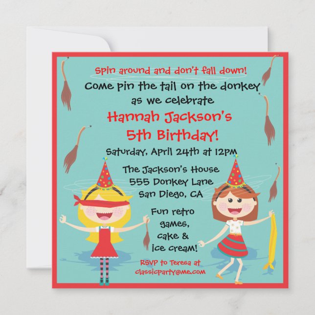 Convites Retro Pin a cauda na Festa de aniversário do burro (Frente)