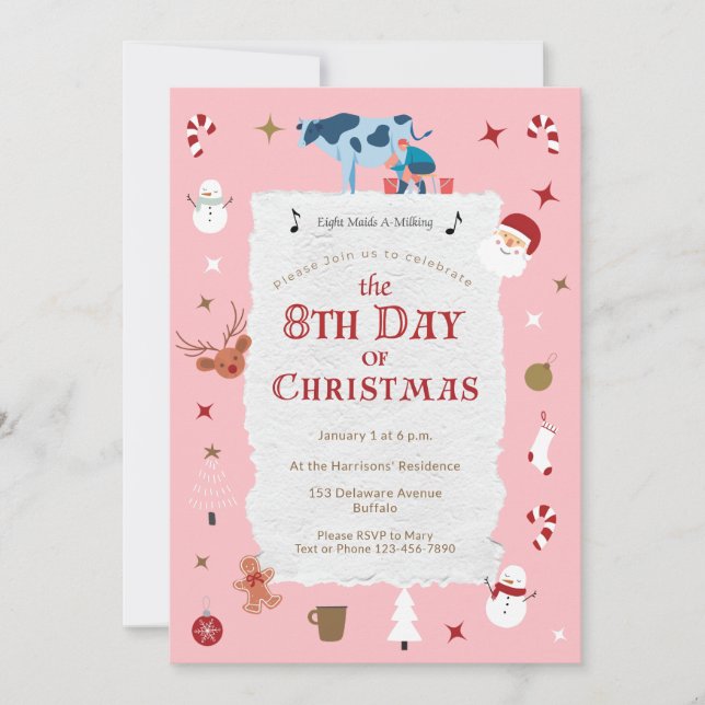 Convites Retro Pink 8th Day Christmas Mid-Century Holiday (Frente)