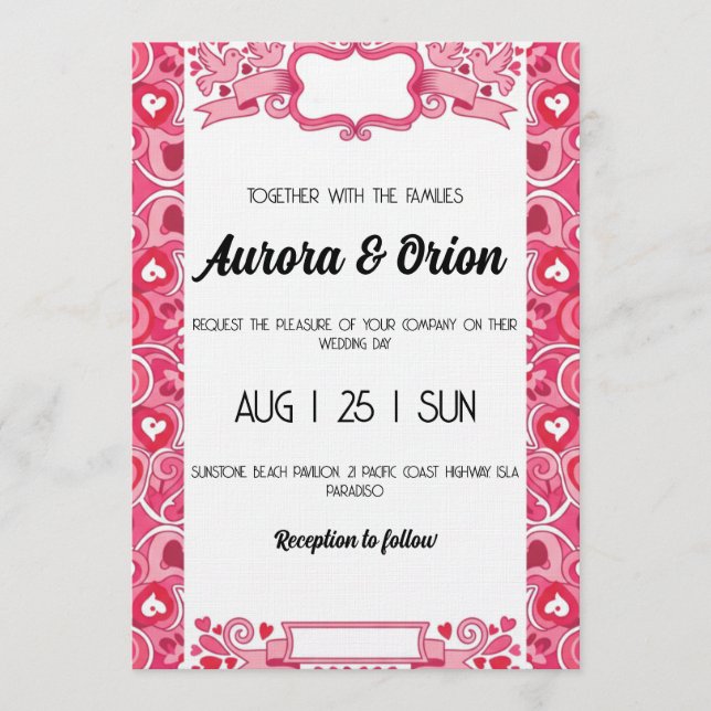 Convites retro pink and red wedding invitation (Frente)