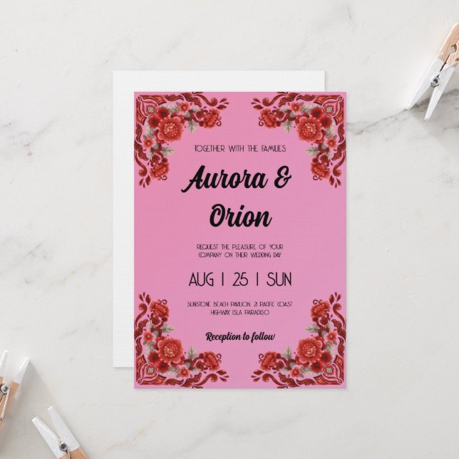 Convites retro pink and red wedding invitation (Frente/Verso In Situ)