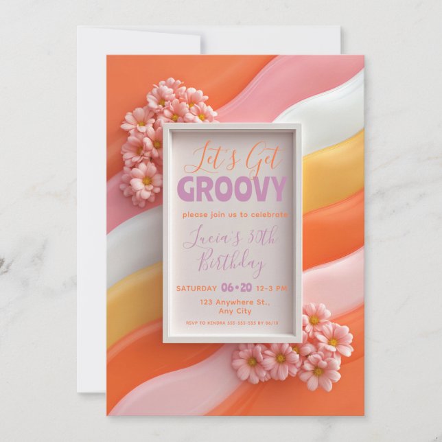 Convites Retro Pink Daisy and Orange Gummy Waves Birthday (Frente)
