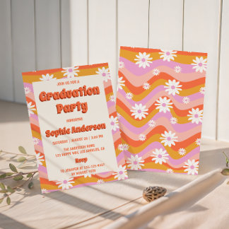 Convites Retro Pink Groovy Daisy Floral Graduation Party 