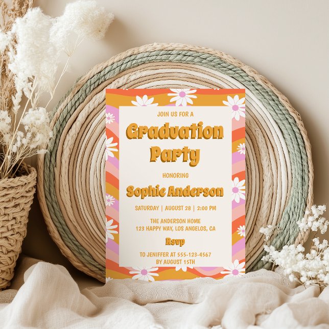 Convites Retro Pink Groovy Daisy Floral Graduation Party  (Criador carregado)