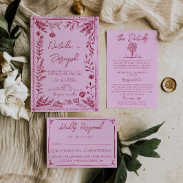 Convites Retro Pink Raspberry Drawn Floral Garden Wedding