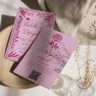 Convites Retro Pink Raspberry QR Code Drawn Floral Wedding