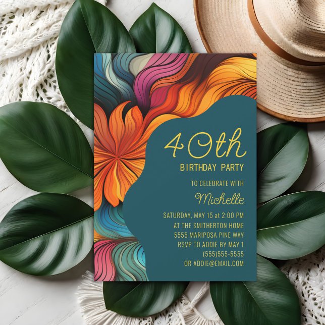 Convites Retro Psicodélico Laranja Teal Moderno aniversário (Orange and teal retro psychedelic curves 40th birthday party invitation)