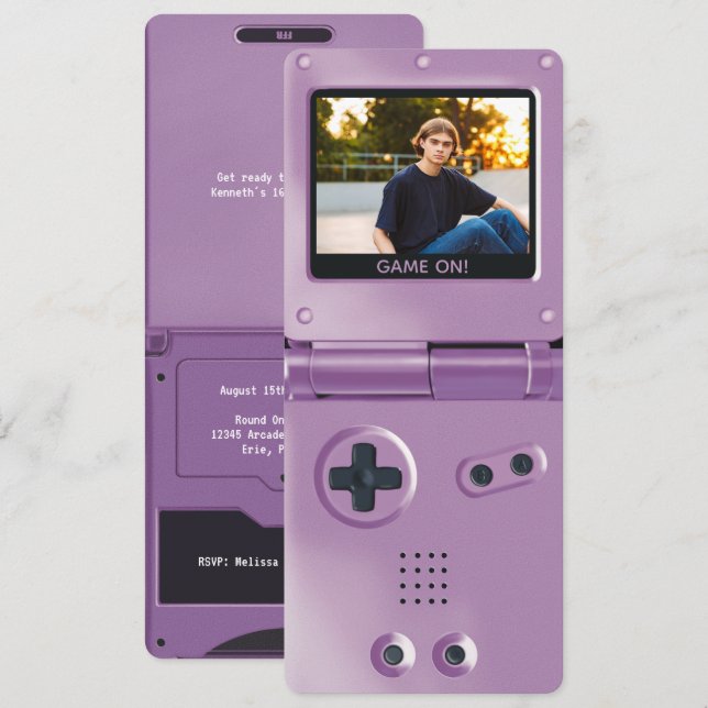 Convites Retro Purple Handheld Gaming II Birthday (Frente/Verso)