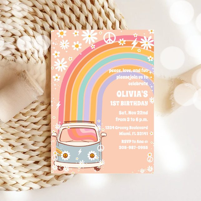 Convites Retro Rainbow First Birthday Invitation (Criador carregado)